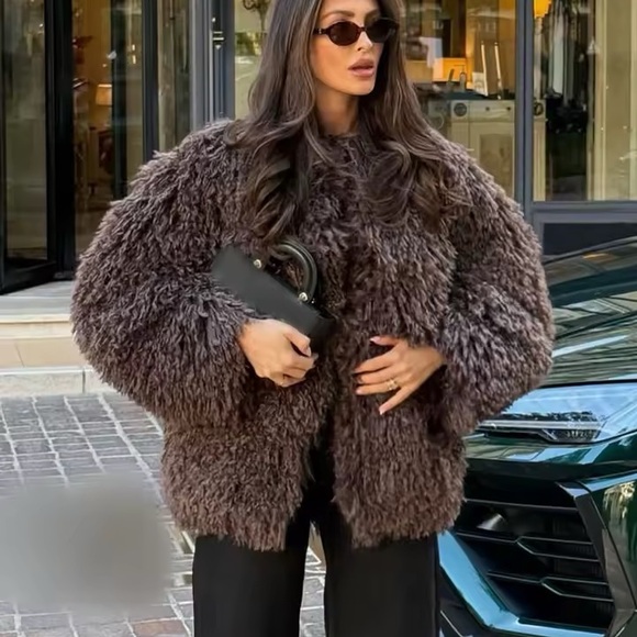 Luxurious Brown Faux Fur Jacket mop faux feather coat thick winter warm